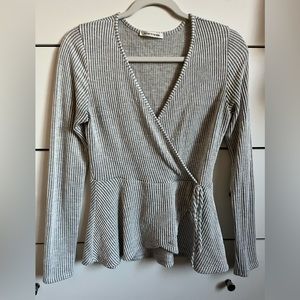 Ribbed, wrapped long sleeve, white and gray